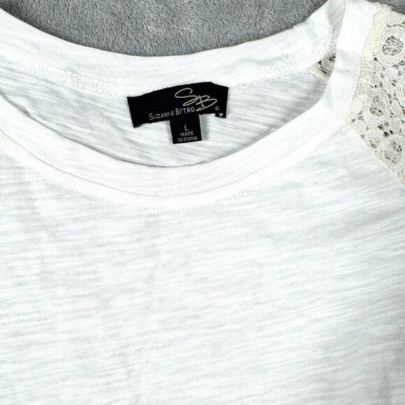 Suzanne Betro L Ivory Blouse Lace Ruffle Bell Sleeve Feminine Top NWOT - Picture 2 of 7